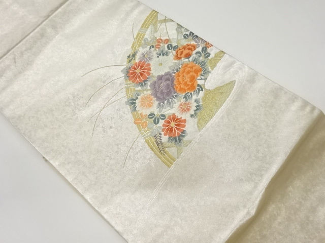 リサイクル　蛇籠に花々模様織出し名古屋帯
